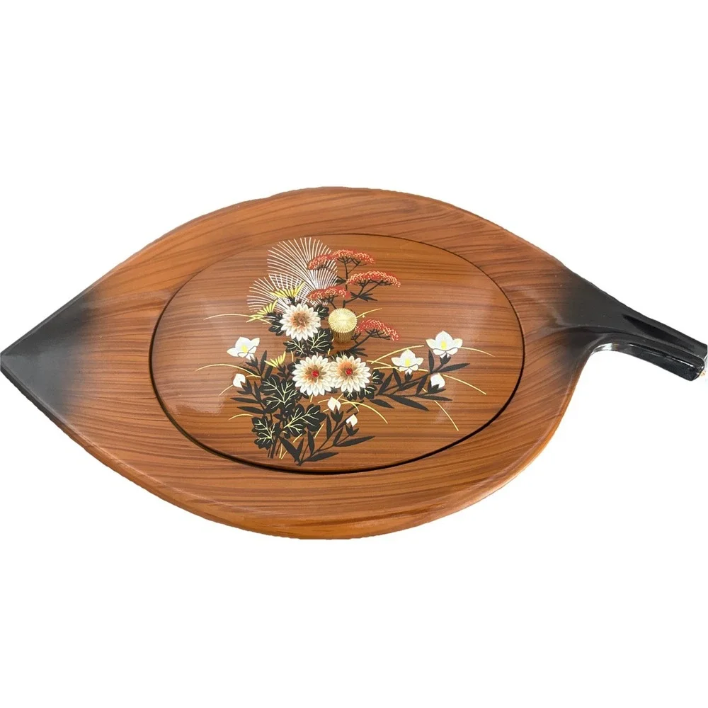 Vintage Westland Serving Dish Lacquered Black/Faux Wood Floral Raised Petals Lid